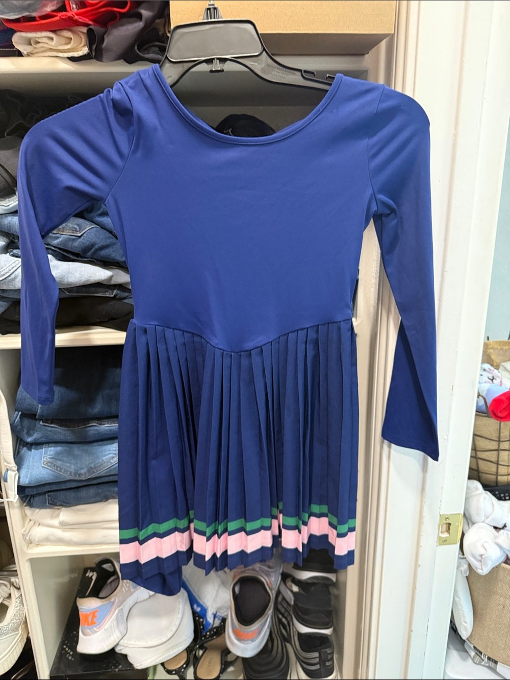 Gymboree Navy Long-Sleeve Pleated Dress with Pink & Green Stripe Trim